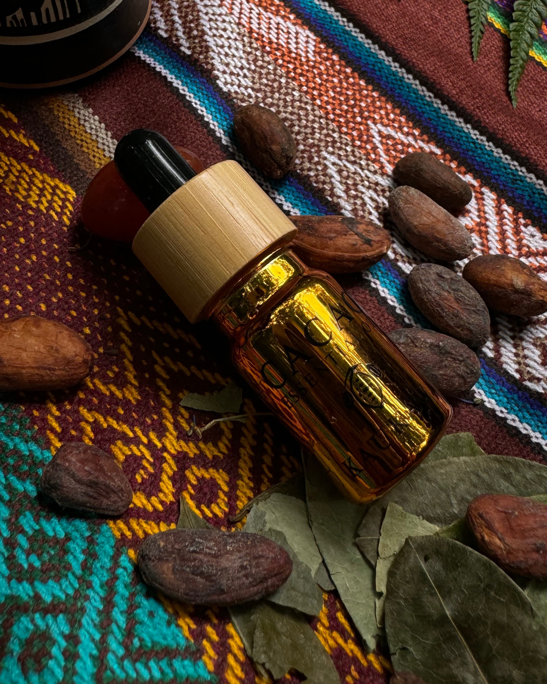 Cacao essential oil in a 5ml bottle made from Chuncho cacao beans